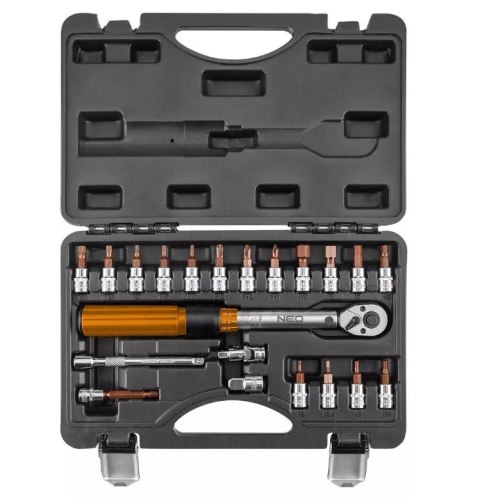 Klucz dynamometryczny dwukierunkowy Neo Tools 1/4", 5-25NM, zestaw 21 szt. Klucz dynamometryczny dwukierunkowy Neo Tools 1/4", 5-25NM, zestaw 21 szt.