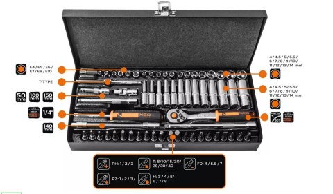 Klucze nasadowe Neo Tools 1/4" zestaw 63 szt Klucze nasadowe Neo Tools 1/4" zestaw 63 szt