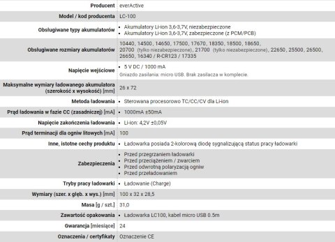 EVERACTIVE ŁADOWARKA DO AKUMULATORÓW CYLINDRYCZNYCH LI-ION LC100 EVERACTIVE ŁADOWARKA DO AKUMULATORÓW CYLINDRYCZNYCH LI-ION LC100