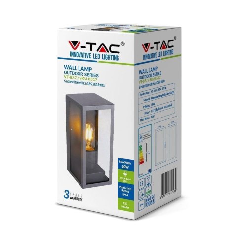 Oprawa ścienna V-TAC VT-837 elewacyjna 1xE27 60W max IP44 (SKU 8517) Czarny Oprawa ścienna V-TAC VT-837 elewacyjna 1xE27 60W max IP44 (SKU 8517) Czarny