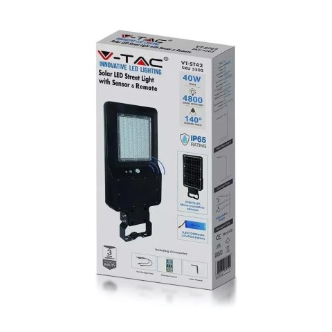 Oprawa Uliczna Solarna V-TAC 40W LED Czarna IP65 120Lm/W VT-ST42 6000K 4800lm Oprawa Uliczna Solarna V-TAC 40W LED Czarna IP65 120Lm/W VT-ST42 6000K 4800lm