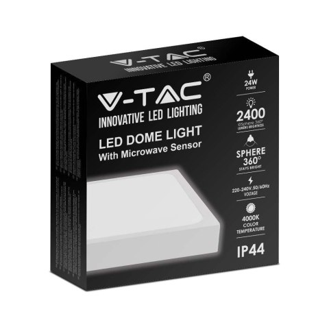 Plafon V-TAC 24W LED Kwadrat IP44 Czujnik Ruchu Mikrofalowy 30x30cm Biały VT-8624SW-SQ 4000K 2400lm Plafon V-TAC 24W LED Kwadrat IP44 Czujnik Ruchu Mikrofalowy 30x30cm Biały VT-8624SW-SQ 4000K 2400lm