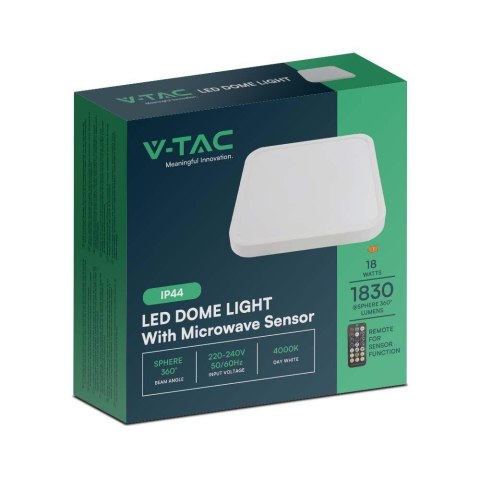Plafon V-TAC VT-8618S natynkowy 18W LED IP44 25x25cm czujnik ruchu 4000K 1830lm (SKU 76661) Biały Plafon V-TAC VT-8618S natynkowy 18W LED IP44 25x25cm czujnik ruchu 4000K 1830lm (SKU 76661) Biały