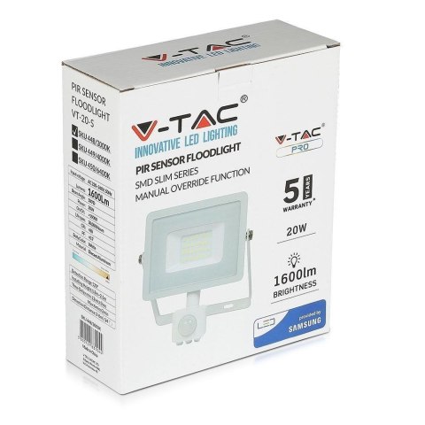 Projektor LED V-TAC VT-20-S-B 20W SAMSUNG CHIP Czujnik ruchu 6400K 1600lm (SKU 450) Biały Projektor LED V-TAC VT-20-S-B 20W SAMSUNG CHIP Czujnik ruchu 6400K 1600lm (SKU 450) Biały