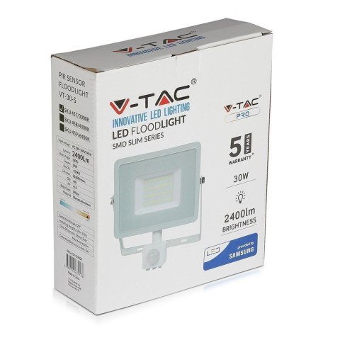 Projektor LED V-TAC VT-30-S-W 30W SAMSUNG CHIP Czujnik ruchu 6400K 2400lm (SKU 459) Biały Projektor LED V-TAC VT-30-S-W 30W SAMSUNG CHIP Czujnik ruchu 6400K 2400lm (SKU 459) Biały