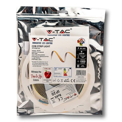 Taśma LED V-TAC VT-COB 512 bezpunktowa 512LED COB 24V CRI90+ 12W/m 6000K 1000lm (SKU 2651) Taśma LED V-TAC VT-COB 512 bezpunktowa 512LED COB 24V CRI90+ 12W/m 6000K 1000lm (SKU 2651)