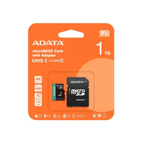 ADATA AUSDX1TUI3V30SA2-RA1 pamięć flash 1 TB MicroSDXC UHS-I Klasa 10 ADATA AUSDX1TUI3V30SA2-RA1 pamięć flash 1 TB MicroSDXC UHS-I Klasa 10