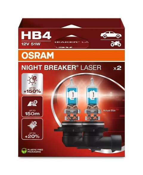 Żarówka (Zestaw 2szt.) HB4 12V 51W P22D, Night Breaker Laser, do 150 m długości wiązki, 150% większa jasność, 20% bielsze światł