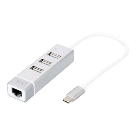 Digitus 3-portowy hub USB 2.0 i adapter LAN Fast Ethernet ze złączem Type-C™