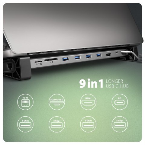 Koncentrator wieloportowy AXAGON HMC-10HLS, 4x USB-A i 2x USB-C, HDMI 4K/60Hz, RJ-45, SD/microSD, PD 100W Koncentrator wieloportowy AXAGON HMC-10HLS, 4x USB-A i 2x USB-C, HDMI 4K/60Hz, RJ-45, SD/microSD, PD 100W
