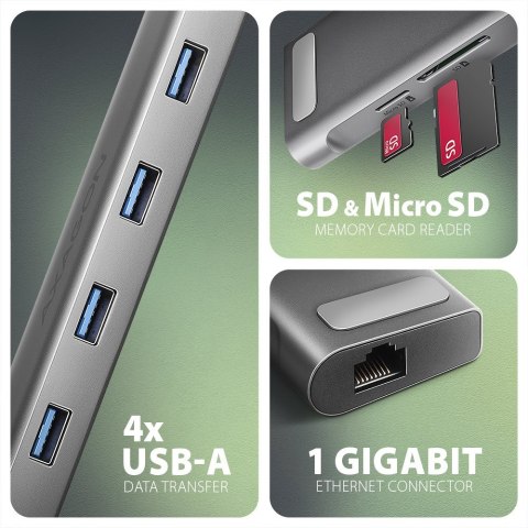 Koncentrator wieloportowy AXAGON HMC-10HLS, 4x USB-A i 2x USB-C, HDMI 4K/60Hz, RJ-45, SD/microSD, PD 100W Koncentrator wieloportowy AXAGON HMC-10HLS, 4x USB-A i 2x USB-C, HDMI 4K/60Hz, RJ-45, SD/microSD, PD 100W