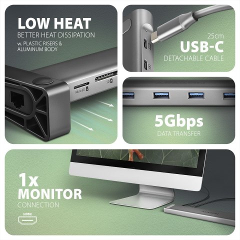 Koncentrator wieloportowy AXAGON HMC-10HLS, 4x USB-A i 2x USB-C, HDMI 4K/60Hz, RJ-45, SD/microSD, PD 100W Koncentrator wieloportowy AXAGON HMC-10HLS, 4x USB-A i 2x USB-C, HDMI 4K/60Hz, RJ-45, SD/microSD, PD 100W