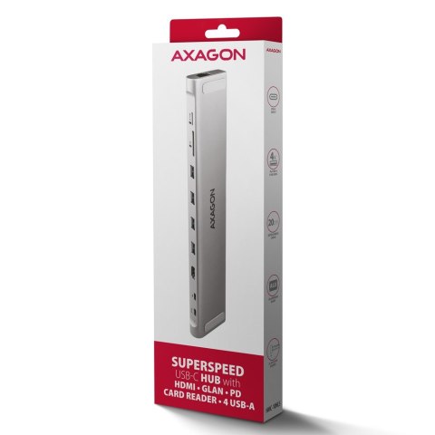 Koncentrator wieloportowy AXAGON HMC-10HLS, 4x USB-A i 2x USB-C, HDMI 4K/60Hz, RJ-45, SD/microSD, PD 100W Koncentrator wieloportowy AXAGON HMC-10HLS, 4x USB-A i 2x USB-C, HDMI 4K/60Hz, RJ-45, SD/microSD, PD 100W