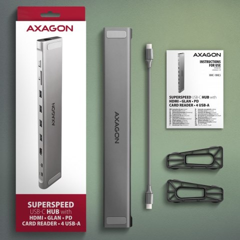 Koncentrator wieloportowy AXAGON HMC-10HLS, 4x USB-A i 2x USB-C, HDMI 4K/60Hz, RJ-45, SD/microSD, PD 100W Koncentrator wieloportowy AXAGON HMC-10HLS, 4x USB-A i 2x USB-C, HDMI 4K/60Hz, RJ-45, SD/microSD, PD 100W