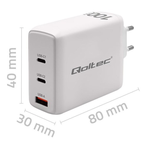 Qoltec Ładowarka sieciowa 100W GaN | 5-20V | 1.5-5A | 2 x USB-C PD | 1 x USB QC 3.0 | Biała Qoltec Ładowarka sieciowa 100W GaN | 5-20V | 1.5-5A | 2 x USB-C PD | 1 x USB QC 3.0 | Biała