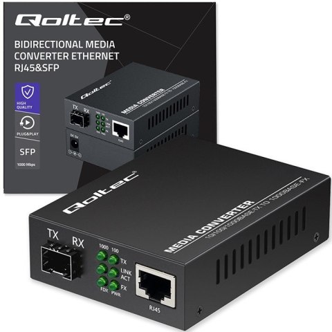 Qoltec Dwukierunkowy Media Konwerter SWITCH Ethernet 1x RJ45 1x SFP| 1000Mb/s | 5V Qoltec Dwukierunkowy Media Konwerter SWITCH Ethernet 1x RJ45 1x SFP| 1000Mb/s | 5V