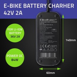 Qoltec Szybka Ładowarka do roweru skutera elektrycznego 36V | 42V | 2A | 5.5*2.5 | wodoodporna +kabel zasilający