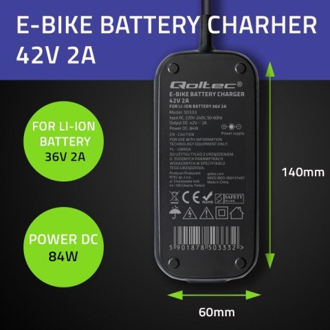 Qoltec Szybka Ładowarka do roweru skutera elektrycznego 36V | 42V | 2A | 5.5*2.5 | wodoodporna +kabel zasilający Qoltec Szybka Ładowarka do roweru skutera elektrycznego 36V | 42V | 2A | 5.5*2.5 | wodoodporna +kabel zasilający