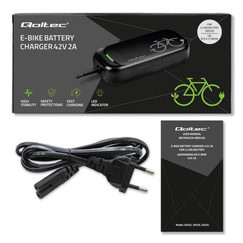 Qoltec Szybka Ładowarka do roweru skutera elektrycznego 36V | 42V | 2A | 5.5*2.5 | wodoodporna +kabel zasilający Qoltec Szybka Ładowarka do roweru skutera elektrycznego 36V | 42V | 2A | 5.5*2.5 | wodoodporna +kabel zasilający