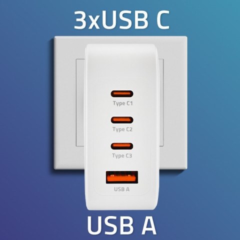 Qoltec Ładowarka sieciowa 140W GaN | 5-20V | 2.5-5A | 3 x USB-C PD | 1 x USB QC 3.0 | Biała Qoltec Ładowarka sieciowa 140W GaN | 5-20V | 2.5-5A | 3 x USB-C PD | 1 x USB QC 3.0 | Biała