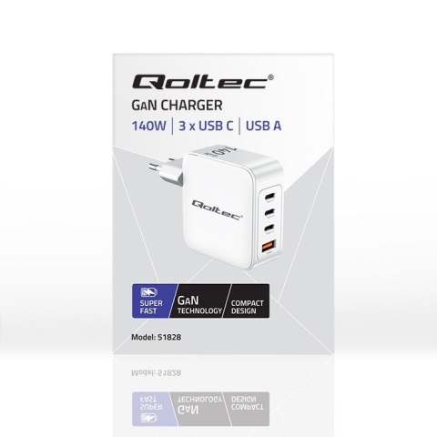 Qoltec Ładowarka sieciowa 140W GaN | 5-20V | 2.5-5A | 3 x USB-C PD | 1 x USB QC 3.0 | Biała Qoltec Ładowarka sieciowa 140W GaN | 5-20V | 2.5-5A | 3 x USB-C PD | 1 x USB QC 3.0 | Biała