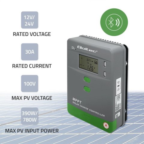 Solarny regulator ładowania MPPT z czujnikiem temperatury Qoltec 30A 12V/24V LCD 2xUSB Bluetooth APP GEL LiFePO4 Solarny regulator ładowania MPPT z czujnikiem temperatury Qoltec 30A 12V/24V LCD 2xUSB Bluetooth APP GEL LiFePO4