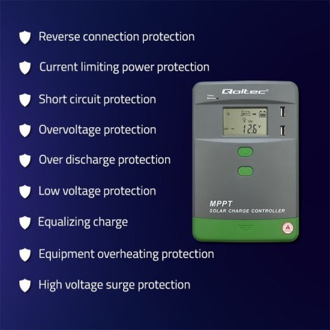 Solarny regulator ładowania MPPT z czujnikiem temperatury Qoltec 30A 12V/24V LCD 2xUSB Bluetooth APP GEL LiFePO4 Solarny regulator ładowania MPPT z czujnikiem temperatury Qoltec 30A 12V/24V LCD 2xUSB Bluetooth APP GEL LiFePO4