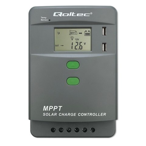 Solarny regulator ładowania MPPT z czujnikiem temperatury Qoltec 30A 12V/24V LCD 2xUSB Bluetooth APP GEL LiFePO4 Solarny regulator ładowania MPPT z czujnikiem temperatury Qoltec 30A 12V/24V LCD 2xUSB Bluetooth APP GEL LiFePO4