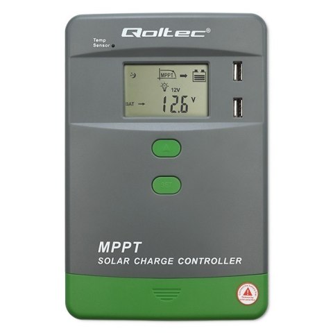 Solarny regulator ładowania MPPT z czujnikiem temperatury Qoltec 30A 12V/24V LCD 2xUSB Bluetooth APP GEL LiFePO4 Solarny regulator ładowania MPPT z czujnikiem temperatury Qoltec 30A 12V/24V LCD 2xUSB Bluetooth APP GEL LiFePO4