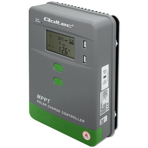 Solarny regulator ładowania MPPT z czujnikiem temperatury Qoltec 30A 12V/24V LCD 2xUSB Bluetooth APP GEL LiFePO4 Solarny regulator ładowania MPPT z czujnikiem temperatury Qoltec 30A 12V/24V LCD 2xUSB Bluetooth APP GEL LiFePO4