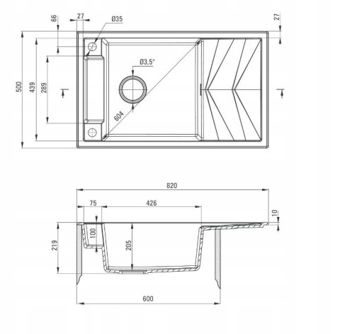 Zlewozmywak granitowy magnetyczny 1-komorowy z ociekaczem ZRM S113 5908212095003