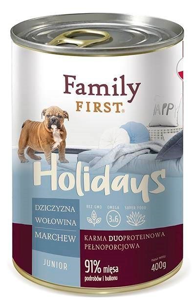 FAMILY FIRST Holidays Junior Dziczyzna, wołowina, marchew - mokra karma dla psa - 400 g FAMILY FIRST Holidays Junior Dziczyzna, wołowina, marchew - mokra karma dla psa - 400 g