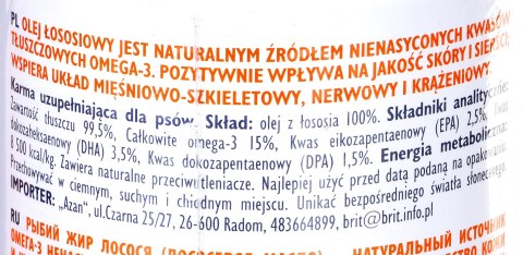 BRIT CARE Olej z łososia - suplement diety na sierść i skórę dla psów i kotów - 1000 ml BRIT CARE Olej z łososia - suplement diety na sierść i skórę dla psów i kotów - 1000 ml