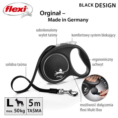 Smycz flexi automatyczna Black Design L taśma 5 m - dla psa do 50 kg, kolor srebrny Smycz flexi automatyczna Black Design L taśma 5 m - dla psa do 50 kg, kolor srebrny