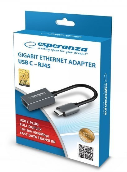 ESPERANZA GIGABIT ETHERNET 1000 MBPS ADAPTER USB C-RJ45 ENA102 ESPERANZA GIGABIT ETHERNET 1000 MBPS ADAPTER USB C-RJ45 ENA102