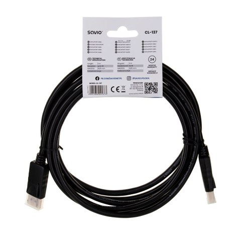 Kabel SAVIO CL-137 (DisplayPort M - DisplayPort M; 3m; kolor czarny) Kabel SAVIO CL-137 (DisplayPort M - DisplayPort M; 3m; kolor czarny)