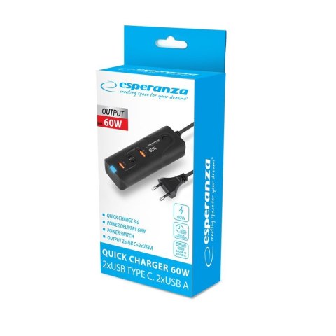 ESPERANZA ŁADOWARKA 60W 2X USB-C PD 30W / 2X USB-A QC 3.0 18W EZC109 ESPERANZA ŁADOWARKA 60W 2X USB-C PD 30W / 2X USB-A QC 3.0 18W EZC109