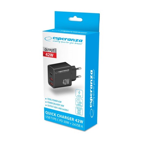ESPERANZA ŁADOWARKA SIECIOWA 42W USB-C PD 30W / 2X USB-A 12W EZC106K ESPERANZA ŁADOWARKA SIECIOWA 42W USB-C PD 30W / 2X USB-A 12W EZC106K