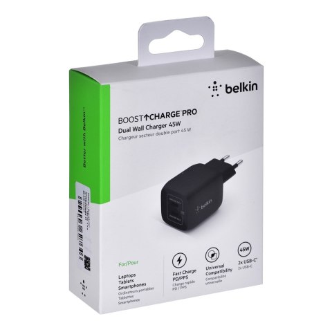 Ładowarka Belkin BoostCharge Pro Dual USB-C PD 3.0 PPS GaN Wall Charger 45W Black Ładowarka Belkin BoostCharge Pro Dual USB-C PD 3.0 PPS GaN Wall Charger 45W Black