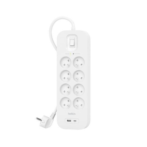 Listwa zasilająca Belkin Power Surge 8-PORT + 1xUSB-A +1xUSB-C 2.4A PD 900J 2m White Listwa zasilająca Belkin Power Surge 8-PORT + 1xUSB-A +1xUSB-C 2.4A PD 900J 2m White