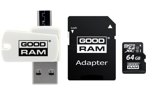 Karta pamięci z adapterem i czytnikiem kart GoodRam All in one M1A4-0640R12 (64GB; Class 10; Adapter, Czytnik kart MicroSDHC, Ka Karta pamięci z adapterem i czytnikiem kart GoodRam All in one M1A4-0640R12 (64GB; Class 10; Adapter, Czytnik kart MicroSDHC, Ka