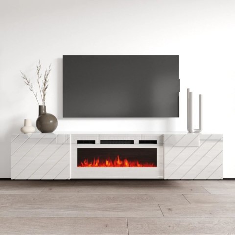 Szafka RTV LUXE 182,6x34,5x37,5 biały/biały połysk + biały kominek Szafka RTV LUXE 182,6x34,5x37,5 biały/biały połysk + biały kominek