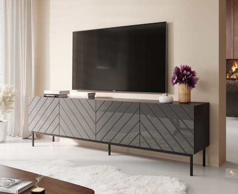 Szafka RTV ABETO na czarnym stelażu ze stali 200x42x60 grafit/grafit połysk Szafka RTV ABETO na czarnym stelażu ze stali 200x42x60 grafit/grafit połysk