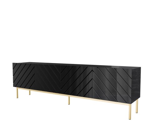 Szafka RTV ABETO na złotym stelażu ze stali 200x42x60 czarny/czarny połysk Szafka RTV ABETO na złotym stelażu ze stali 200x42x60 czarny/czarny połysk